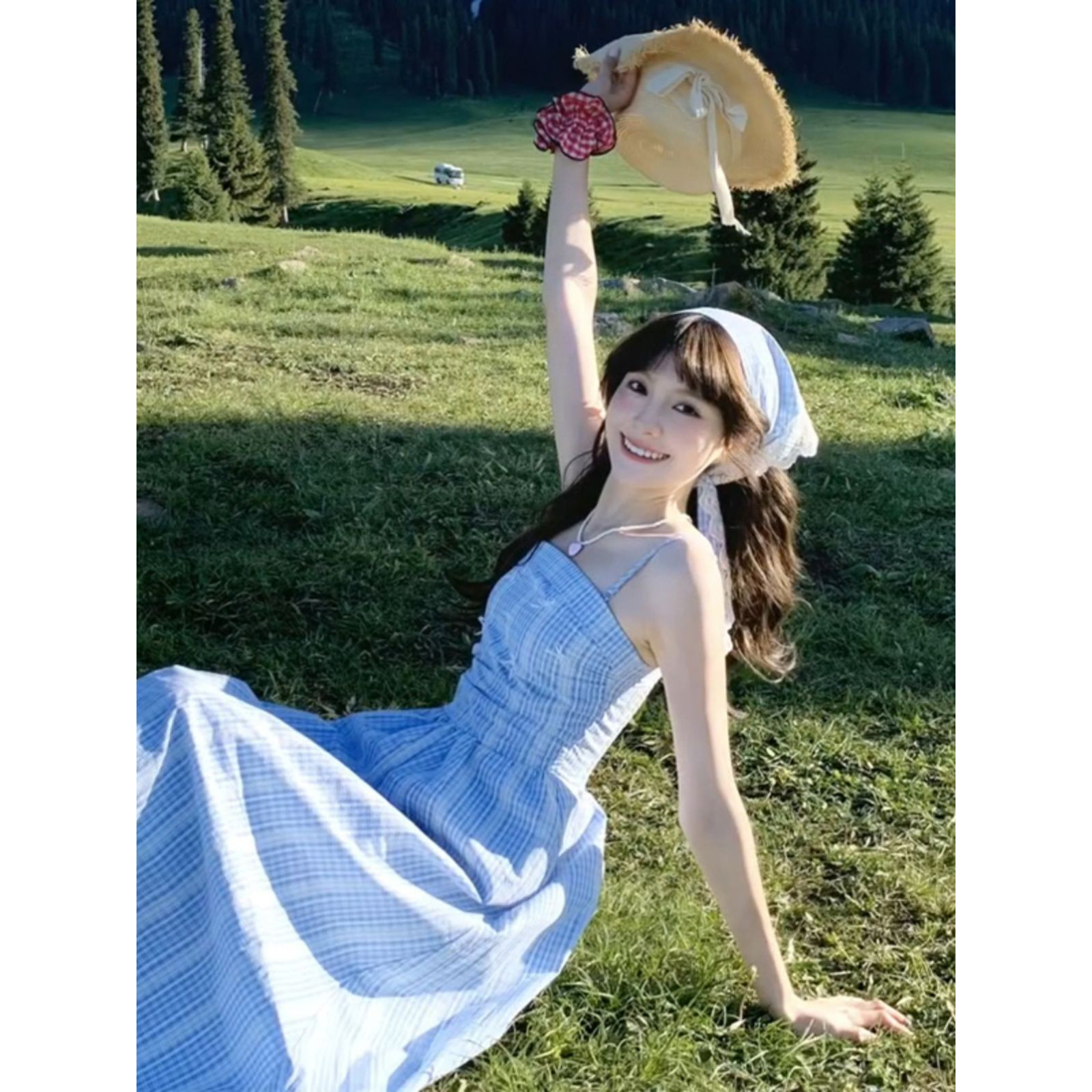 优质质量！法式蓝色格子吊带子女