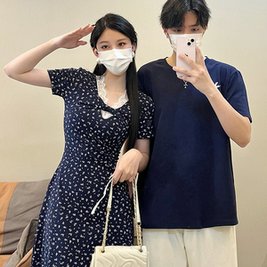 实拍小个子情侣装宽松复古连衣裙子女2023春款沙滩气质长款雪纺裙