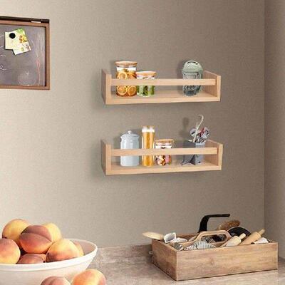 2Pcs Bookshelf,Natural Wood Floating Wall Bookshelf For