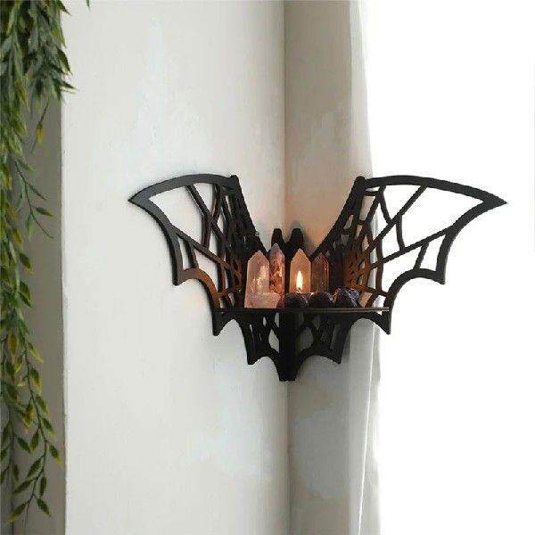 ABWP-Bat Horn Frame Wooden Floating Bat Corner Shelf Gothic