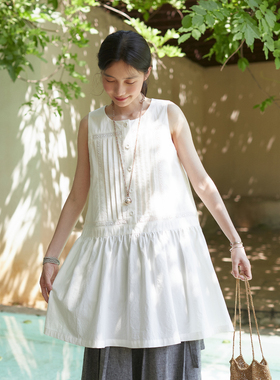 Seams Sense｜白色圆领花边塔克褶中长无袖宽松背心连衣裙17173