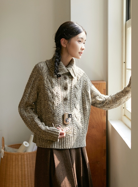 Seams Sense｜秋冬复古镂空卡其花咖绞花高领半开领套头毛衣17181