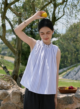 Seams Sense｜夏日简约文艺编织领口色织条纹宽松背心上衣 01051