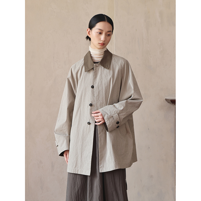 Seams Sense｜文艺复古休闲宽松廓形格纹色织拼色短风衣外套17090