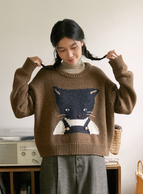 Seams Sense｜宽松复古可爱猫猫头提花立体纽扣羊毛套头毛衣54005