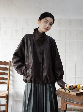 Seams Sense｜休闲复古巧克力棕立领宽松分割环保短皮夹克17182