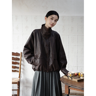 Seams Sense|休闲复古巧克力棕立领宽松分割环保短皮夹克17182