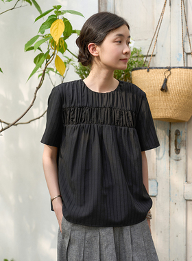 Seams Sense｜文艺简约通勤拼接抽褶正肩短袖款圆领上衣衬衫17162