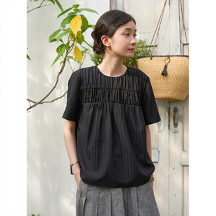 圆领上衣衬衫 款 17162 Sense｜文艺简约通勤拼接抽褶正肩短袖 Seams