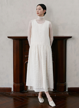 Seams Sense｜文艺简约米白条纹提花双层下摆背心连衣裙17103