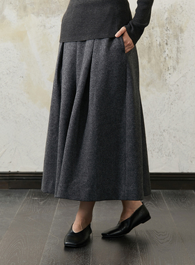 Seams Sense｜秋冬简约复古A字松紧腰纯羊毛呢半身长裙17035P3