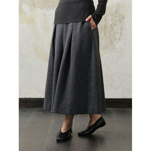 Seams Sense｜秋冬简约复古A字松紧腰纯羊毛呢半身长裙17035P3