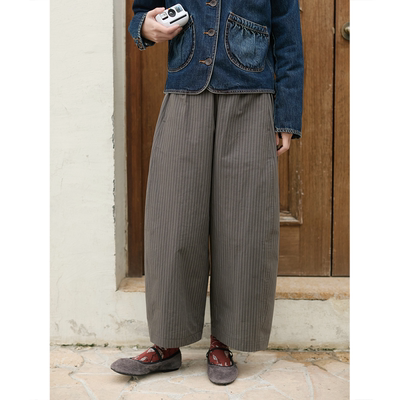 松紧腰条纹九分气球裤