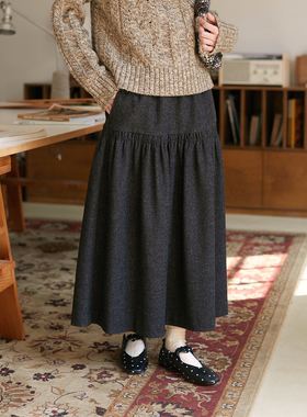 Seams Sense｜秋冬复古百搭黑灰松紧腰分割打揽毛呢半身裙01023