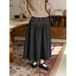 Seams Sense|秋冬复古百搭黑灰松紧腰分割打揽毛呢半身裙01023