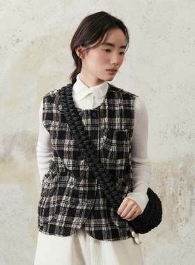 Seams Sense｜秋冬复古文艺羊毛棉格纹弧形下摆双排扣马甲17116