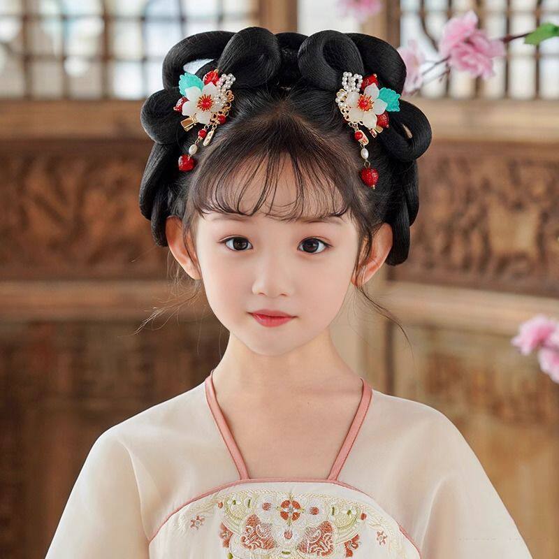 汉服头饰发夹儿童可爱草莓流苏对夹古风中国风边夹汉服发饰红色系