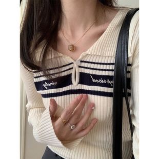 显瘦毛衣打底上衣 学生百搭修身 字母刺绣撞色针织衫 女2025秋冬新款