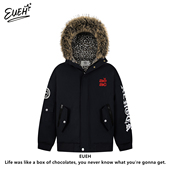 EUEH美式 毛领派克服豹纹内里连帽加厚保暖男女外套情侣百搭棉衣潮