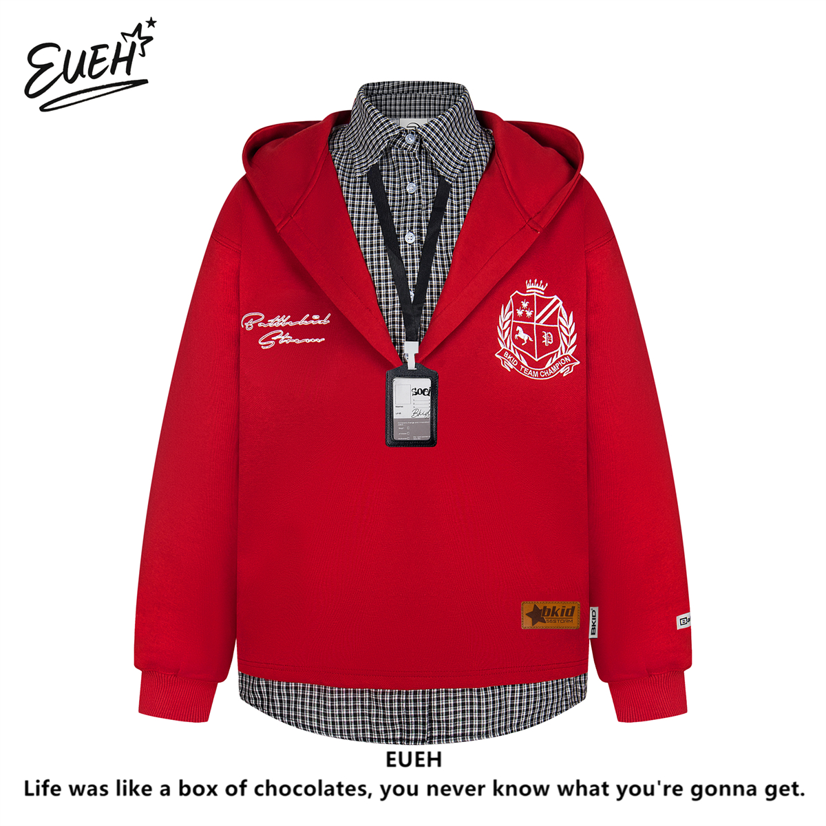 EUEH美式假两件大V领设计卫衣春秋刺绣格子宽松男女连帽衬衫外套