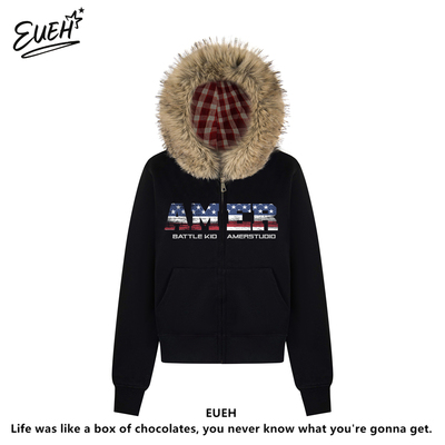 EUEH毛领连帽卫衣短款开衫外套