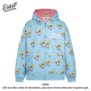 EUEH美式 y2k女外套 复古秋冬可爱飞天小女警双帽宽松卫衣连帽开衫