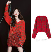 针织衫 陈都灵宁艺卓同款 软糯马海毛红色毛衣女冬季 宽松上衣毛线衣