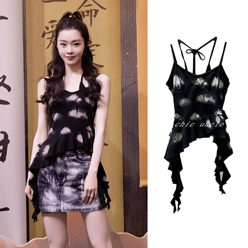 宋轶同款甜酷风黑色不规则荷叶边吊带背心女内搭外穿辣妹挂脖上衣