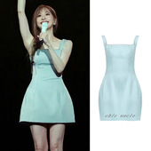 王心凌同款 蓝色方领吊带背心连衣裙女夏季 收腰显瘦气质a字短裙子