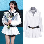 学院风格 纹假两件白色衬衫 连衣裙女春季 田曦薇同款 新款 收腰短裙子