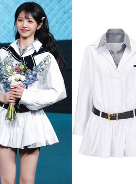 田曦薇同款学院风格纹假两件白色衬衫连衣裙女春季新款收腰短裙子