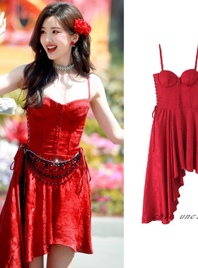 毛晓彤同款红色高级感吊带鱼骨束腰不规则连衣裙女收腰显瘦礼服裙