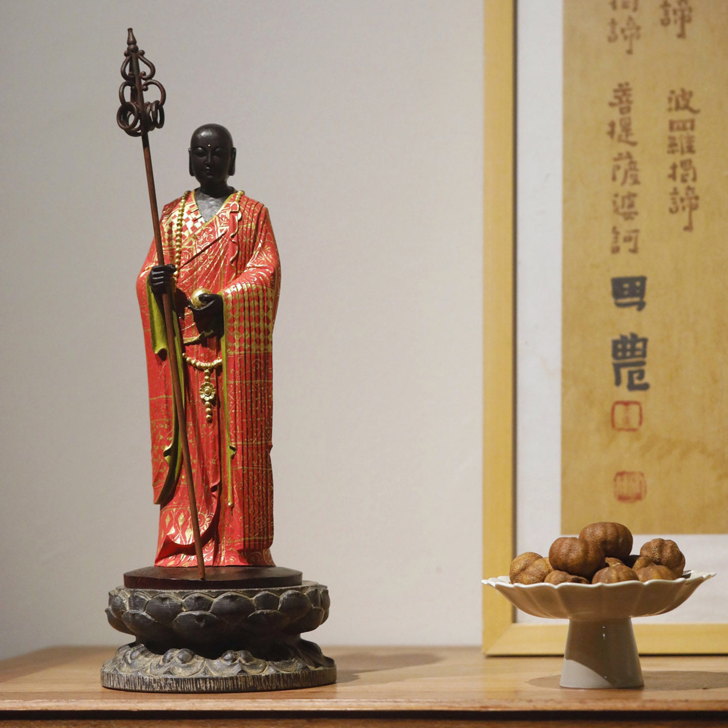 九鲤印度小叶紫檀彩绘地藏王菩萨佛像雕像室内玄关家居文玩摆件