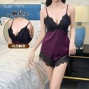 性感睡衣女冰丝纯欲风2025夏季 吊带短裤 带胸垫露背深V家居服套装