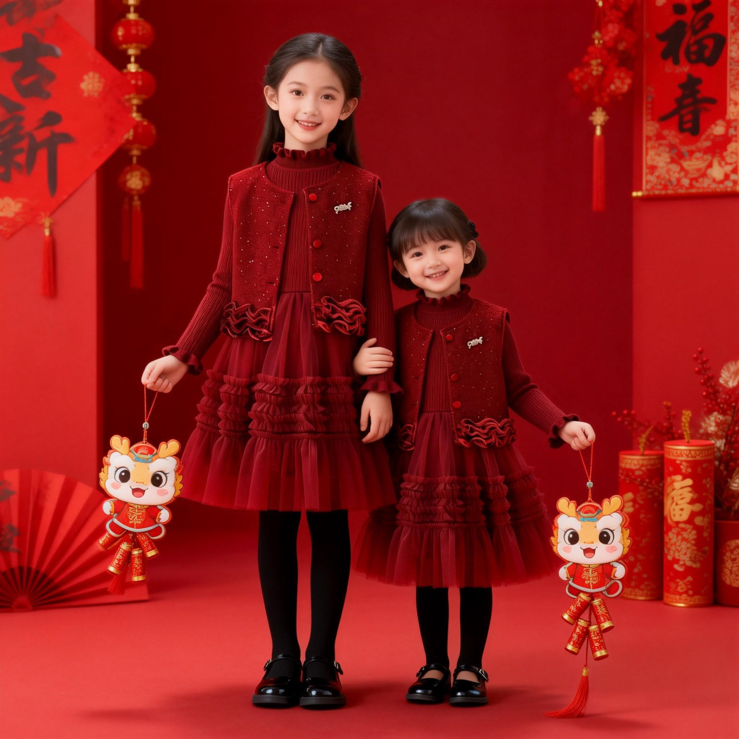 女童小香风连衣裙小女孩冬季套装裙子红色蓬蓬裙中大童纱裙拜年服,童装/婴儿装/亲子装,连衣裙,淘宝优惠券,粉丝福利购,淘宝优惠卷