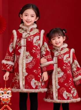 女童国风拜年服2025款红色冬装加绒连衣裙儿童新年新中式盘扣唐装