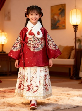 男童红色汉服女童织金马面裙套装儿童国风拜年服冬装2025新款唐装