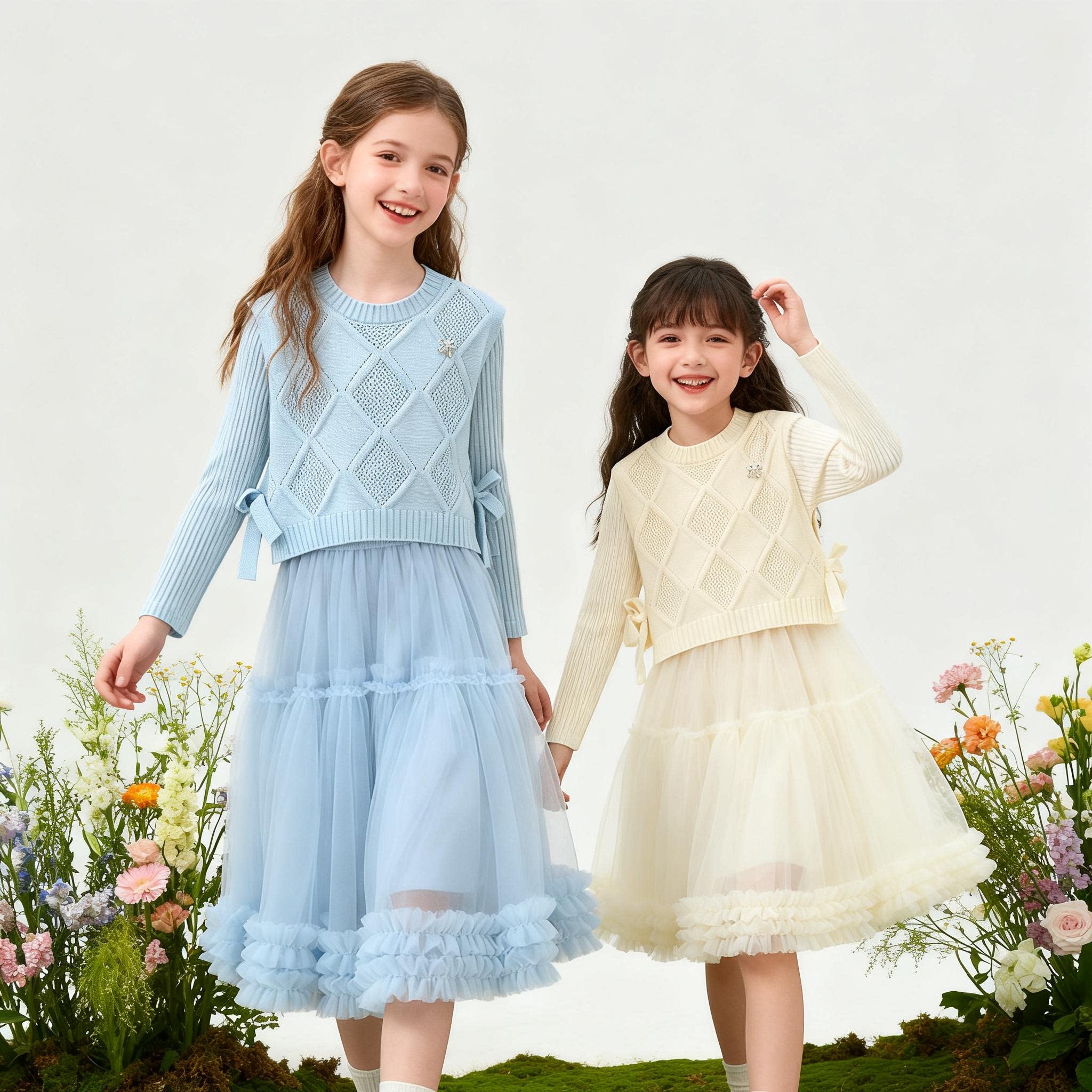 女童连衣裙中大童洋气裙子流苏镂空罩衫儿童格子裙两件套秋中长裙