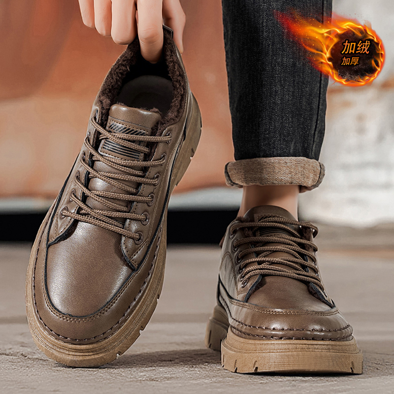 男鞋冬季新款百搭休闲皮面加绒保暖男士潮流英伦商务防滑工装鞋子
