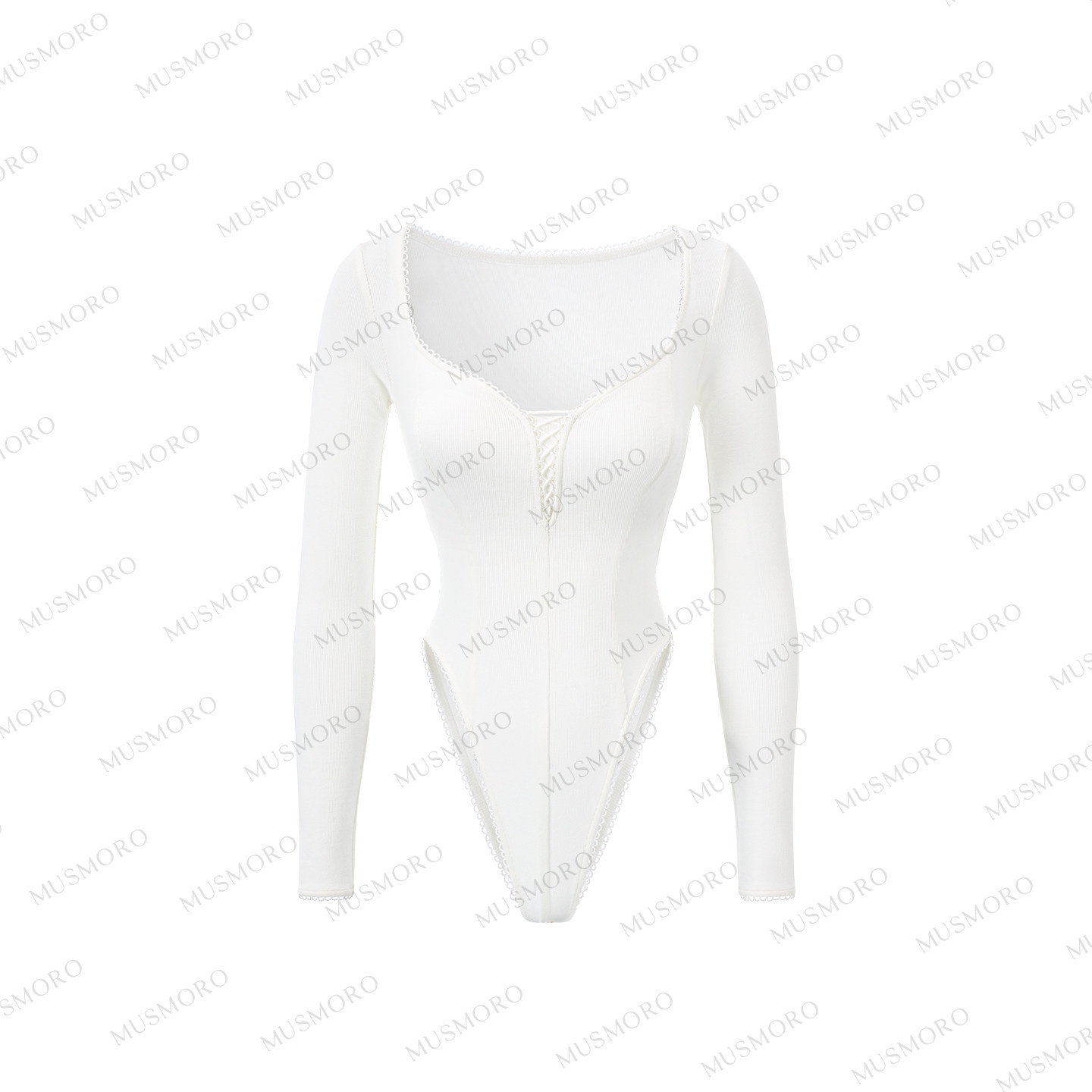 thumbnail for musmoro vertical groove strip, high-elastic V-neck tie-up long-sleeve one-piece T-shirt for women, design design with waist-tight patchwork lace top