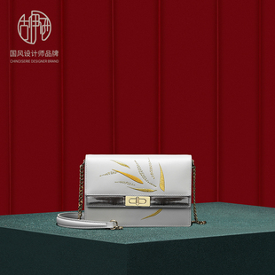 古伊西女包生日礼物送女友的包包中国风优雅绣花牛皮包单肩链条包