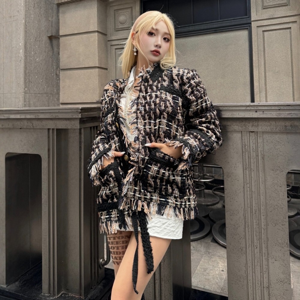 官网正品Charlie Luciano小香风格子复古短款外套cl上衣女宽松潮