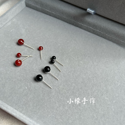 足银999纯银耳钉天然红黑玛瑙4/6mm气质耳饰养耳洞耳骨钉男女情侣