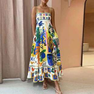 Suspended Dress2025夏季新款欧美女时尚印花露肩性感吊带连衣裙