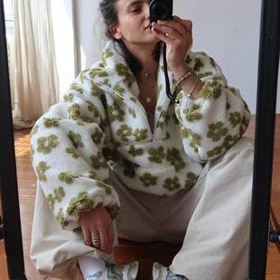 欧美秋冬摇粒绒花朵外套保暖毛毛绒半拉链卫衣 Plush flower coat