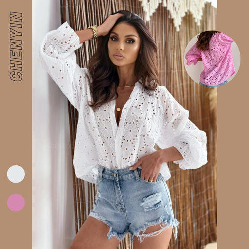 New Women's Hollow out Lantern Long Sleeve Button Up Shirt