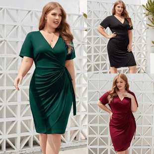 Plus size summer women dresses big size lady V neck dress 裙