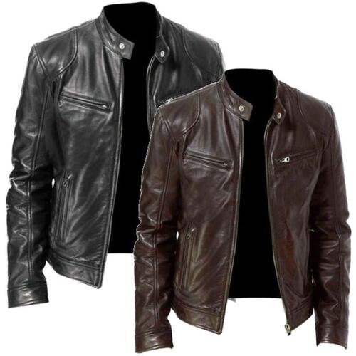 Men s gentleman zipper cardigan leather jacket男士潮牌外套棕