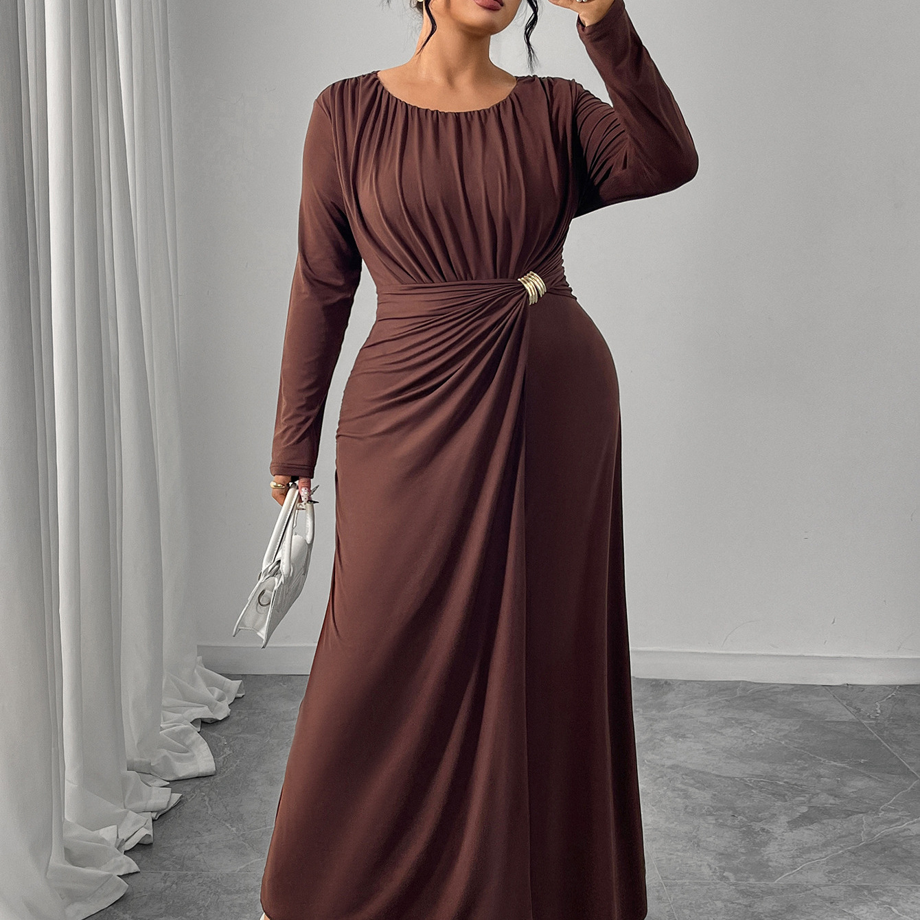 Autumn Plus Size Women Long Dress 欧美大码长袖收腰咖色连衣裙