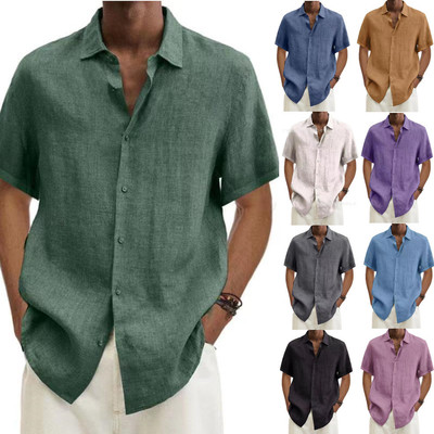Summer V-neck button cotton linen men's short sleeved shirt